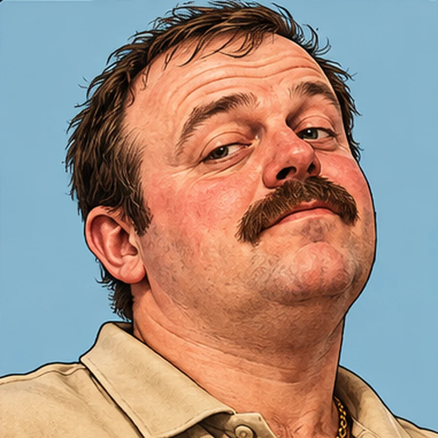 Derek, a smug moustached bloke wearing a beige polo